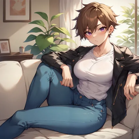 a tomboy with brown hair and purple eyes. she smiles at you as she sits on your couch. she is blushing a little. she is wearing a black leather jacket with a white tshirt and blue jeans. she is somewhat muscular. medium closeup