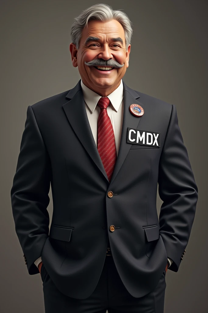 Mayor with a conspicuous mustache and a wide smile wearing a suit with the initials CMDX on his suit