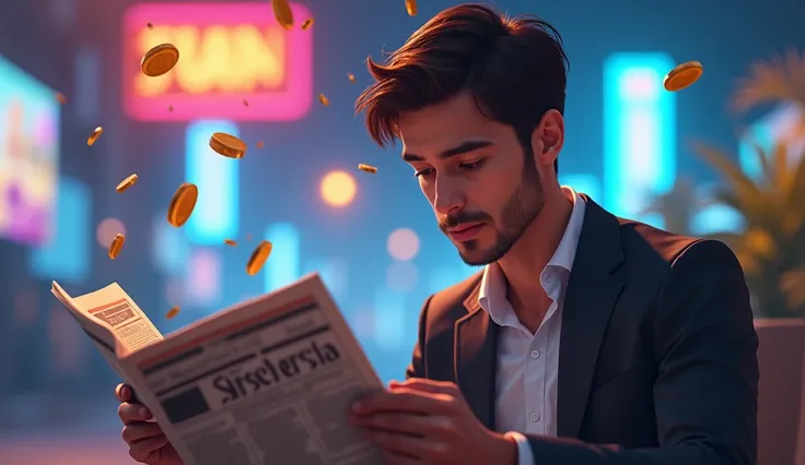 Young smart man casually reading a newspaper with Srestha Ltd. on the front page, in background coins flying, neon effect 