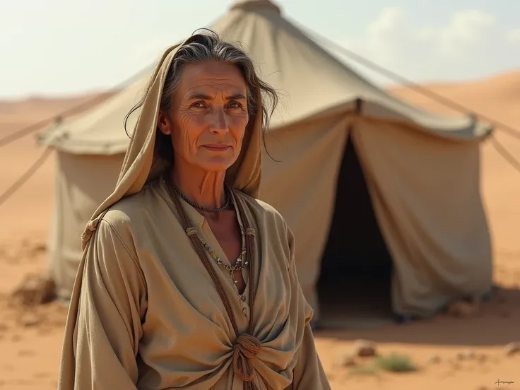  Sara Abrahams wife , Behind the tent , Pretty old woman in her 40s,  wearing a tunic in the desert