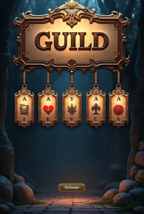 game menu ui .  medival guild sign with only 5 cards horizontal.