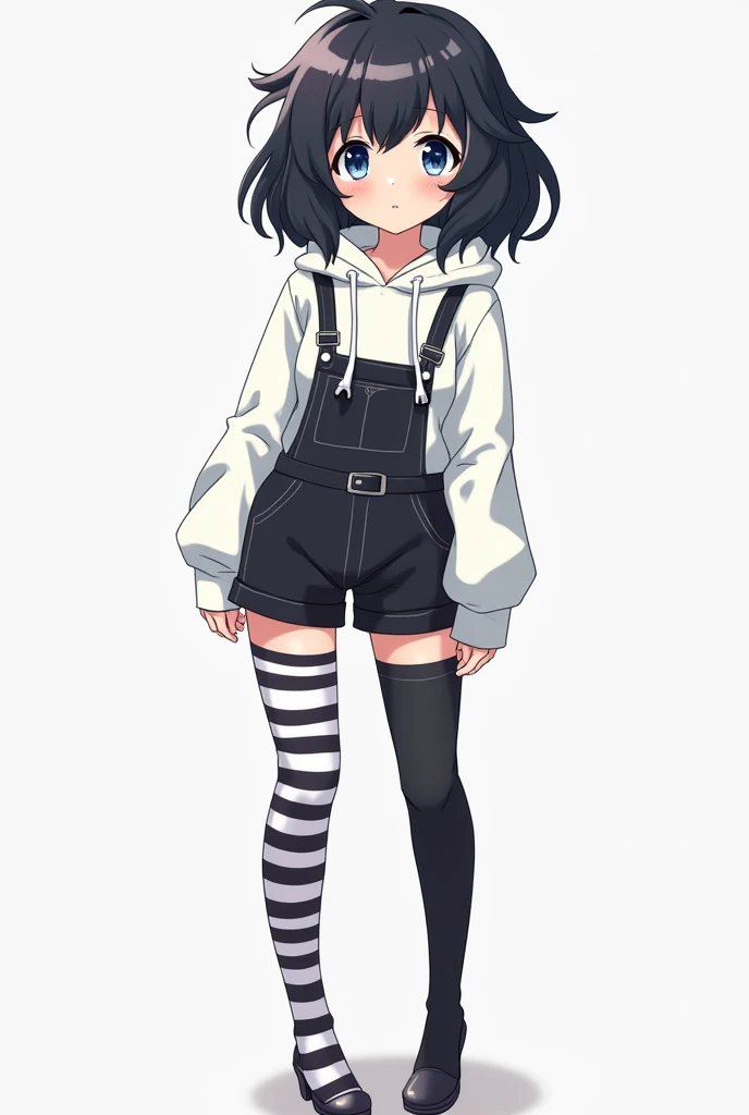 tall Femboy.  Blue eyes. Black fluffy hair. In a white hoodie and black jumpsuit-shorts. There is a black and white striped stocking on the left leg. There is a black stocking on the right leg. stocking with suspenders. Not in the hood. Anime style