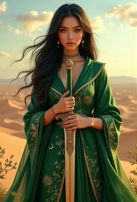 Create an image of a stunningly beautiful goddess standing confidently in a desert setting. She has warm bronze skin and captivating emerald green eyes that shine with wisdom and power. The goddess is 23 years old, with long, flowing black hair cascading g...