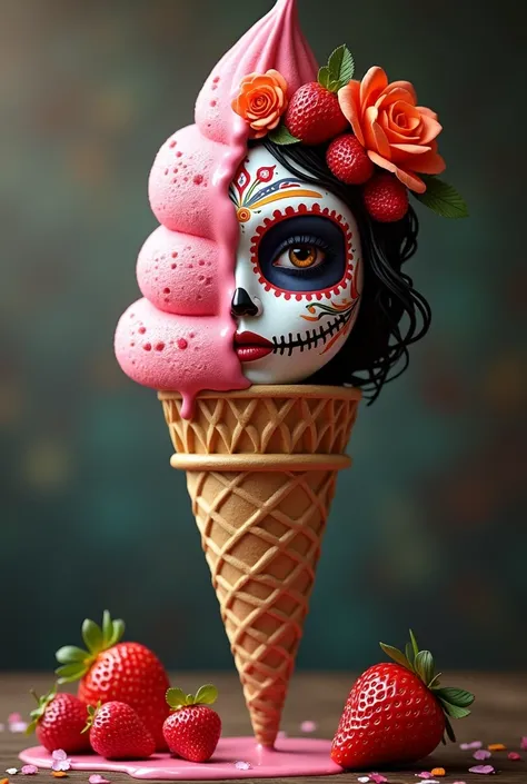 A ,  ice cream scoop half catrina with flower crown and half strawberry ice cream scoop 