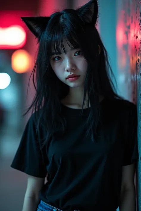 a beautiful emo girl with long black hair,black cat ears,wearing a black t-shirt,blue jean skirt,black leggings,black vans sneakers,detailed face,beautiful eyes,detailed facial features,photorealistic,highly detailed,intricate,masterpiece,cinematic lightin...