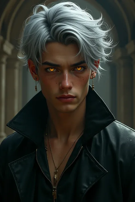 Teenage man with a cinnamon complexion, gray hair and yellow eyes dark fantasy
