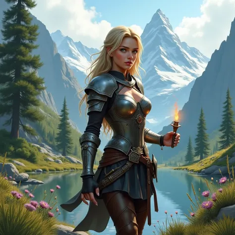 Skyrim style, Dark Blonde, Staring at, Honey Eyes, Mountain々, summer, tree々, torch, silver armor, leather, flower, lake, woman, smile