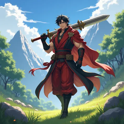 Make an anime man , Impact Genshin adventurer ,  with elemental vision of fire , wearing red and black clothing , cover on the back, arm bands , Muscular,  black hair, bright black eyes,  carrying a large swordsman on the back ,  background walking on gras...