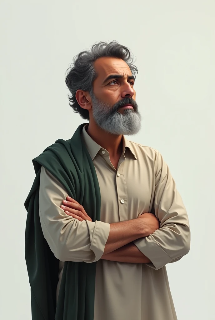 A realistic depiction of a Pakistani man deep in thought, with traditional features, sitting or standing against a plain white or light gray background. The image is natural and lifelike with no added effects or cartoon elements, focusing on simplicity and...