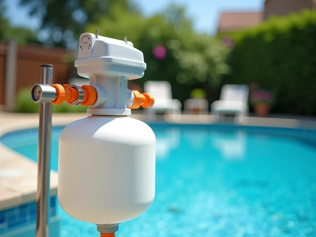 Pool filter system, white tank, orange valves, outdoor setting, garden, sunny day, blue sky, selective focus, high-resolution, detailed equipment, swimming pool maintenance, industrial design, water purification, summer scene, backyard, vibrant colors
