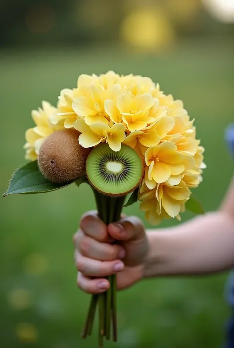 Hand of a boy taking a bouquet of hydrangeas and kiwis