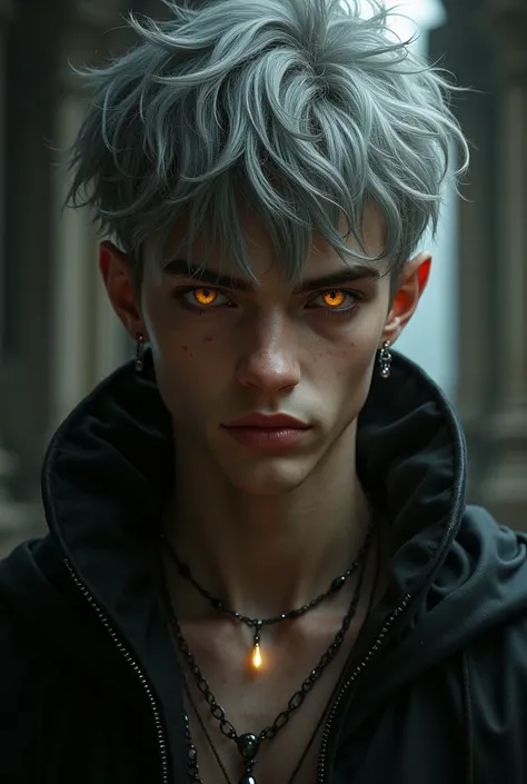 Teenage man with a cinnamon complexion, gray hair and yellow eyes dark fantasy
