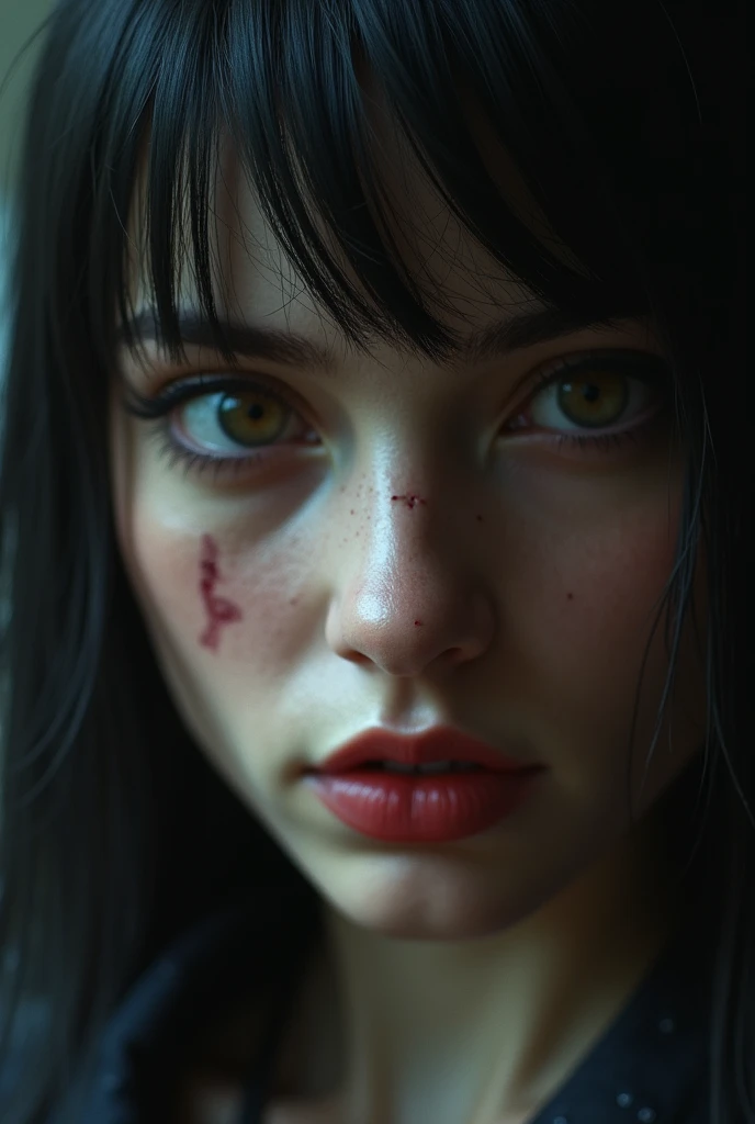  The man observed her with an intensity that made her stop immediately .  Her face was angular , the deep eyes ,  and a scar on her left lip gave her an even more menacing look. 