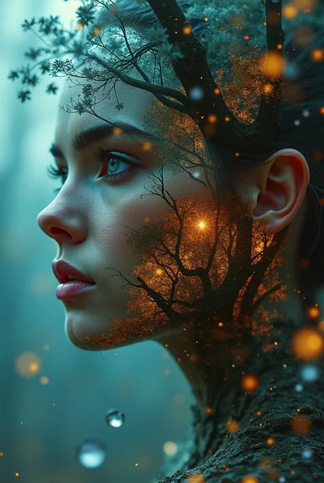 Digital art double exposure portrait blending a woman with an ancient forest, Gustave Doré line work, Magritte surrealism influences, vibrant color grading, ethereal haze, eyes reflecting woods, skin with bark texture, 8K resolution, trending Artstation pi...