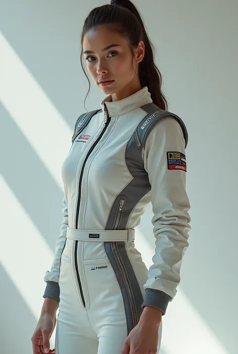 Beautiful girl wearing a ,  racing driver jumpsuit standing looking at the camera in a speaker position