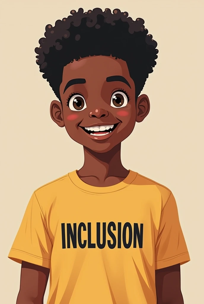 Create a black boy wearing the inclusion shirt written AEE