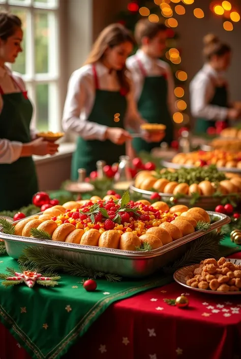 Christmas event with buffet with staff behind with the food on a square buffet tray the green and red Christmas tablecloth with decorations

