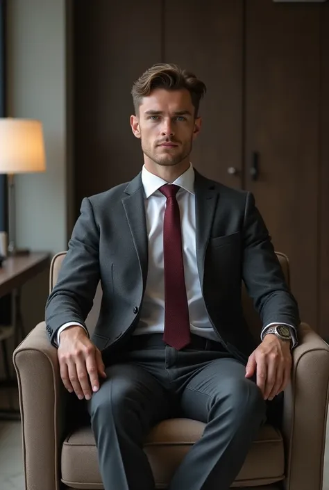 A portrait of a 30-year-old handsome young businessman in a suit sitting on the chair in the office 