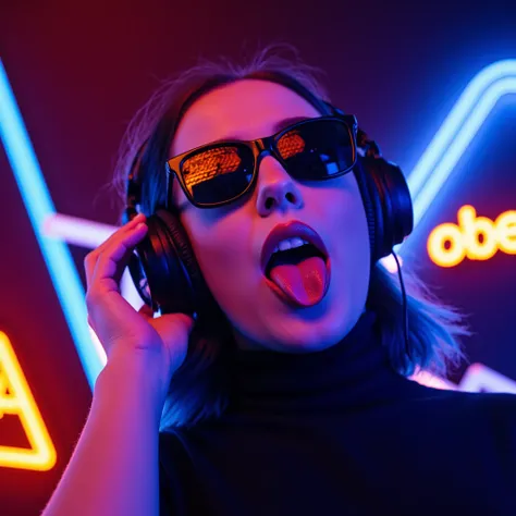 arafed woman with headphones and sunglasses sticking out her tongue, cyberpunk art by Peter Alexander Hay, trending on cgsociety, graffiti, obey, cyberpunk vibes, cyberpunk vibe, cyber style, cyber neon lights, neon operator margot robbie, cyber aesthetic,...