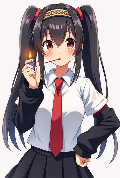  anime style, a 15-year-old black-haired girl with fringes and two pigtails behind her and has the other part of her hair loose , It is Oji Seleste and has round headbands , she has a uniform with a red tie and a black shirt and white sleeves , she has a t...