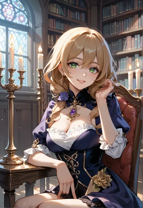 1girl, Lisa, Genshin Impact, sitting on a ornate chair, sexy pose, alluring smile, victorian library, night time, candles in the background, beautiful lighting and shadows,