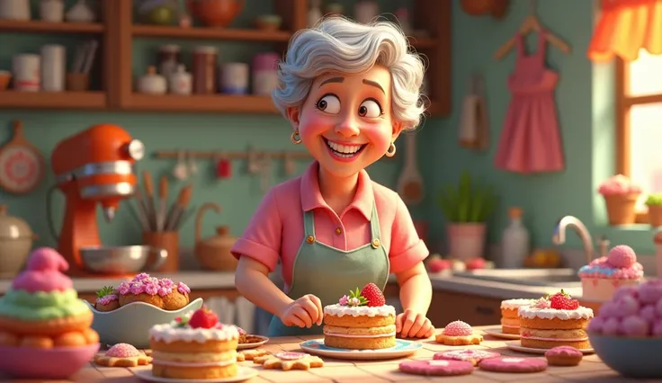 Mrs. Maricota ,  a 65-year-old lady , elderly, in your kitchen,  preparing colorful and decorated cakes and cookies, Pixar style