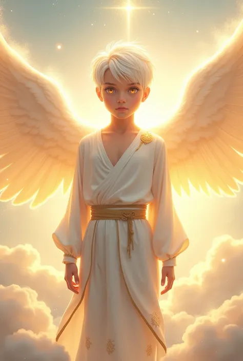 A boy with white hair and glowing golden eyes, exuding a celestial and ethereal aura. His short, asymmetrical haircut features one side slightly longer than the other. He wears a white tunic with delicate golden accents and light, flowing pants, adorned wi...