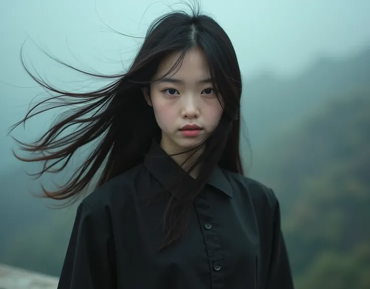 Asian woman with long hair standing on a ledge A portrait of a suicidal girl, young with long hair, beautiful girl, girl with long hair, photo of girl, portrait of depressed girl, portrait of a sinister girl, girl with super long hair, wind in hair, long h...