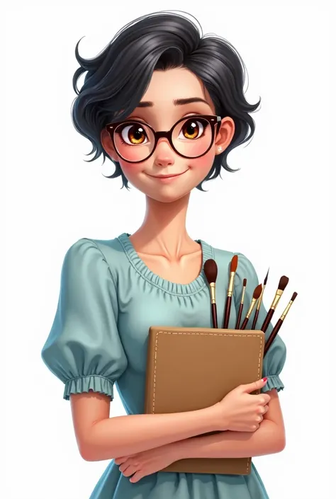 Help me to generate in the same style an image of 
a lady with short black hair and a bit of gray hair
She is wearing a light blue dress with a sketchbook and brushes in her arms
She has big, brown eyes with a sweet, smiling expression, wears glasses.
The ...