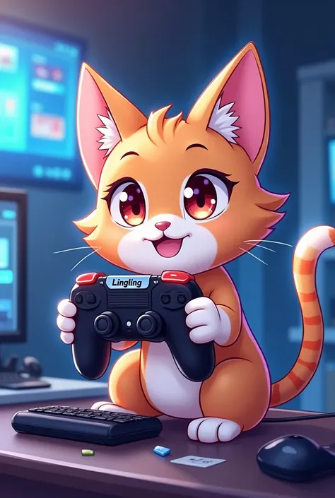 Anime Gaming cat holding a name called Lingling