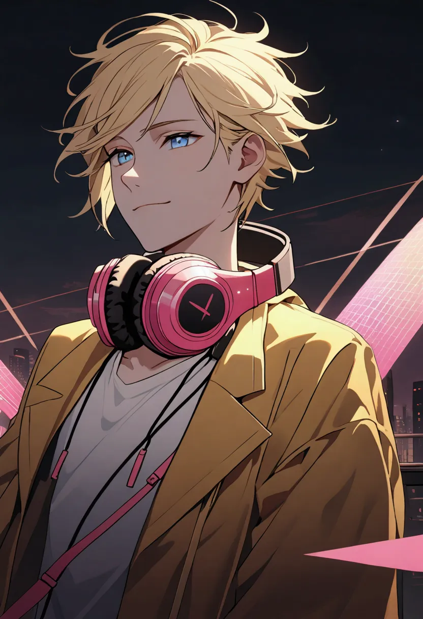 a young man with short blond hair, headphones around his neck, blue eyes, an open yellow jacket, white shirt, slight smile, floa...