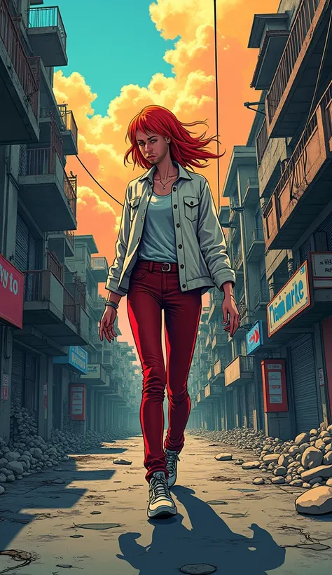 manga POP drawing, comics style, creative poster ,  behind a desolate street. 