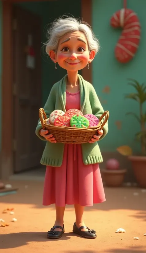 Mrs. Maricota ,  a 65-year-old lady , elderly, standing on the dirt floor ,  she is wearing a pink dress and a light green veltal , Wear black flat shoes ,  holding a basket with several colorful Christmas cookies, Pixar style