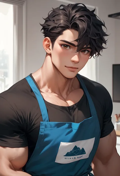 Handsome, solo, 1 boy, 20 years old, cute, short hair, black hair, brown eyes, dark black shirt, white T-shirt and Blue apron, muscular, muscular boy, Chest muscles, living room