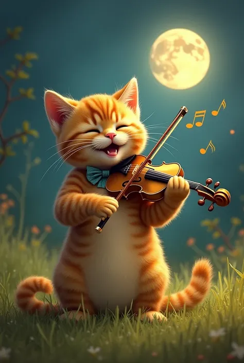 A playful scene of a cat sitting upright on a grassy meadow, skillfully playing a golden fiddle under the light of a full moon. The cat looks joyful, wearing a tiny bow tie, with music notes floating in the air.