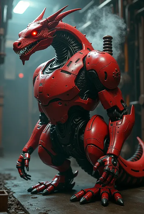 a realistic photo of a red dragon robot