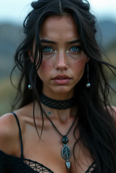 Ultra Realistic photography,an indigenous girl , langes Haar,  blue eyes ,  freckles

Curvy figure ,  wears a sexy emo aesthetic outfit, closeup, Berg 