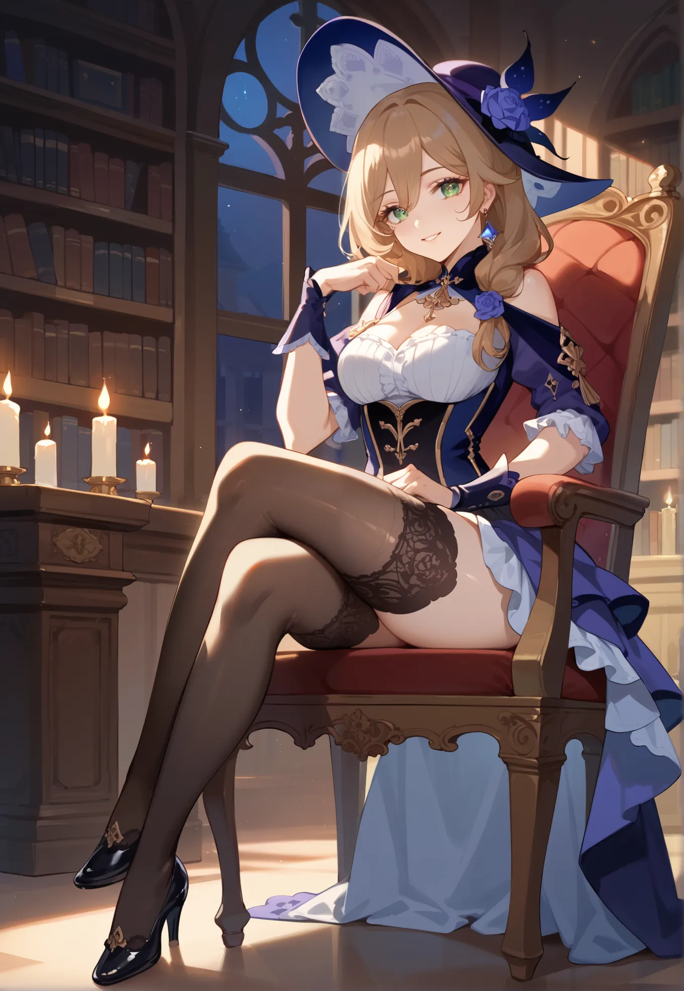 1girl, lisa, genshin impact, sitting on a ornate chair, sexy pose, stockings, alluring smile, victorian library, night time, can...