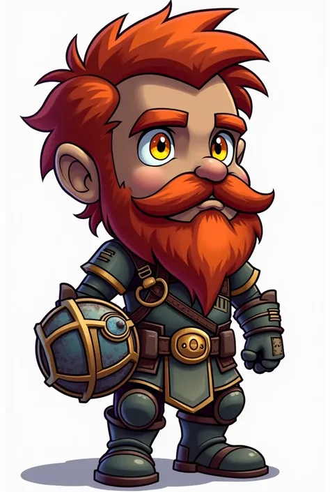  recreates it profile face dwarf black iron world of warcraft,  Beard and red hair ,  dark skin,  bright yellow eyes , doctors helmet ,  holding a photo of his dad ,  Without armor symbols ,  Chibi style White background 