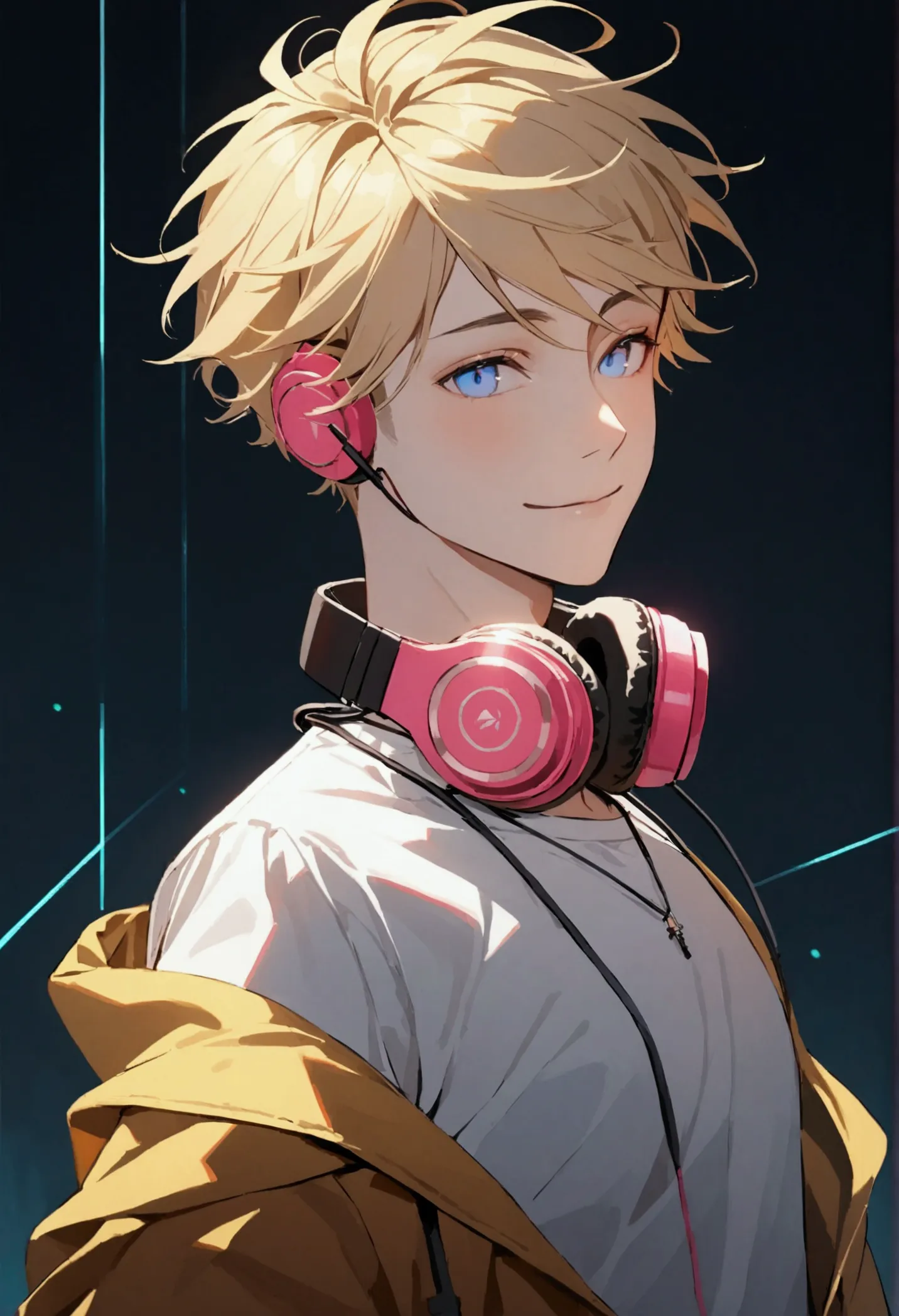 a young man with short blond hair, cian headphones around his neck, blue eyes, an open yellow jacket, white shirt, slight smile,...