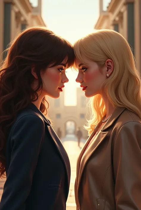 A brunette with long wavy hair and bangs and a blonde face to face who hate each other at college, They are rich and you can see them all. The title  : rivals. 