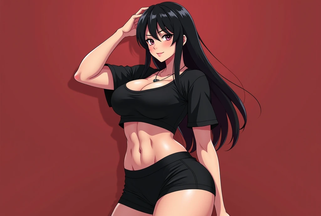 Nude busty sporty anime woman. black haired black low-cut t-shirt and black ,mini skirt. sexy