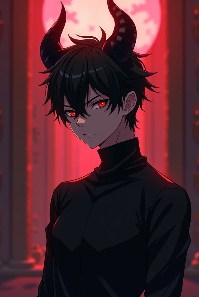 anime-a demon prince with a black sweater, black hair, red eyes and lean stature, about 19 years old, dark brown skin, has a black crown on head, super lighting and high quality