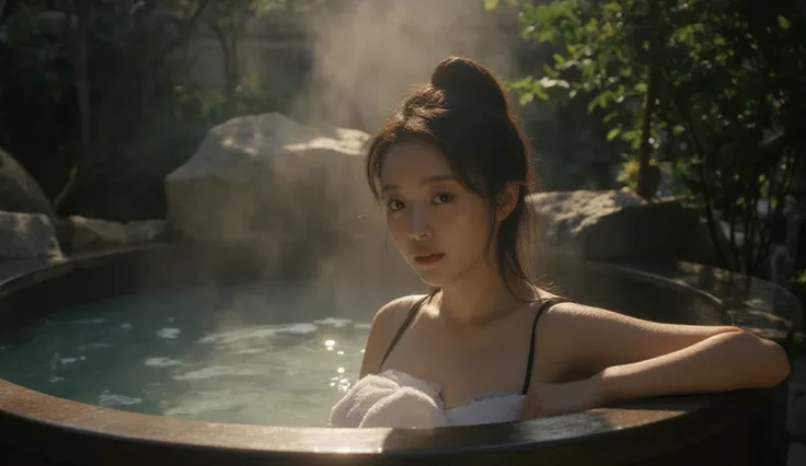 (night:1.7), oriental architecture, 1 woman, ((hot spring, onsen:1.4)), moist skin, ((fog:2.0)), (steam rising:1.8), glowing skin, glossy skin, ((partially submerged in hot spring:1.4)),a small white towel loosely covering the body. , perfect eyes,perfect ...