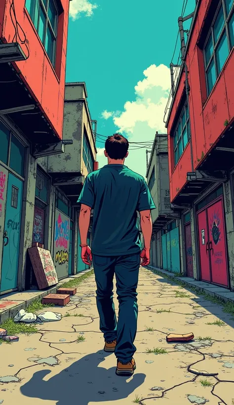 manga POP drawing, comics style, creative poster ,  behind a desolate street. He is a man.