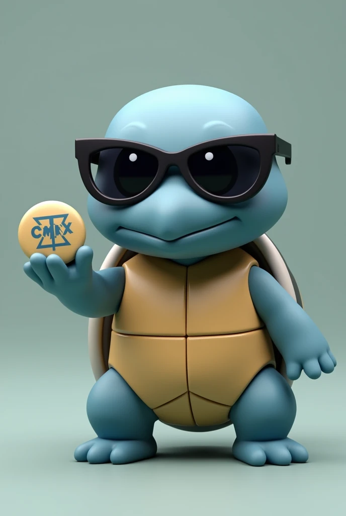 Pokemon squirtle wearing dark sunglasses with a button in your hand with the acronym CMDX