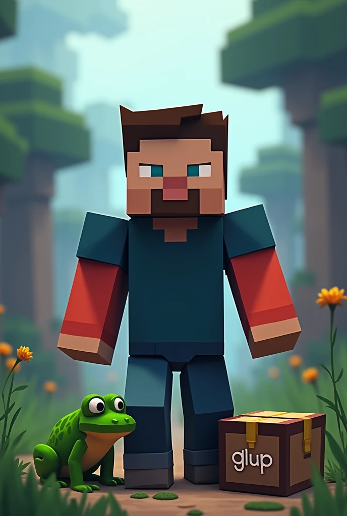 A Minecraft character wearing a dark blue t-shirt and red sleeves as if he were going to walk deep into the Minecraft image and scenery, a pixelated frog next to him and a box in front of them with the word Glup