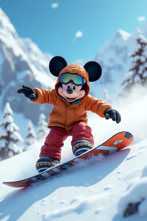 Mickey qui fait du snowboard habillé avec un style free ride realistic 8k