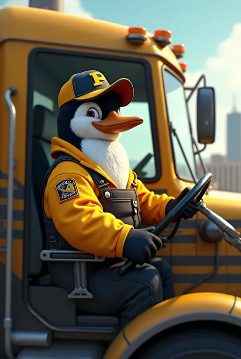 Penguin trucker driving a truck, with a uniform of yellow and black colors and with a cap with a P