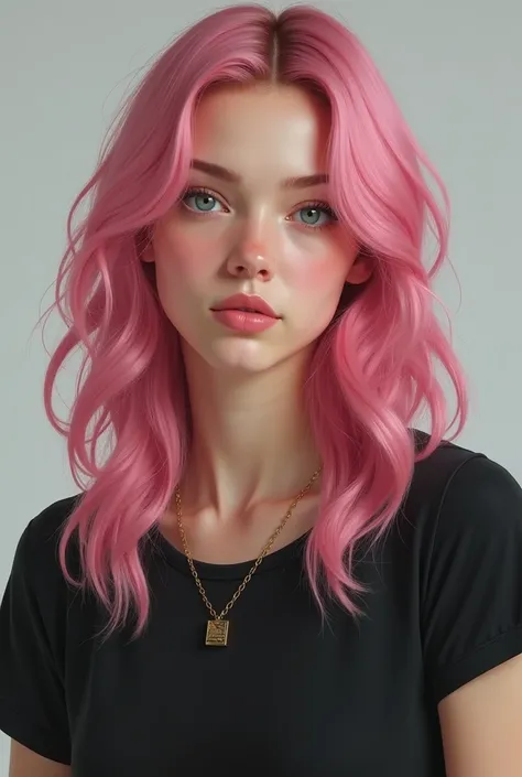  a 22-year-old woman , pink-haired, She has light blue eyes , slightly tanned skin color .  She wears a black t-shirt and a gold necklace. realistic human version